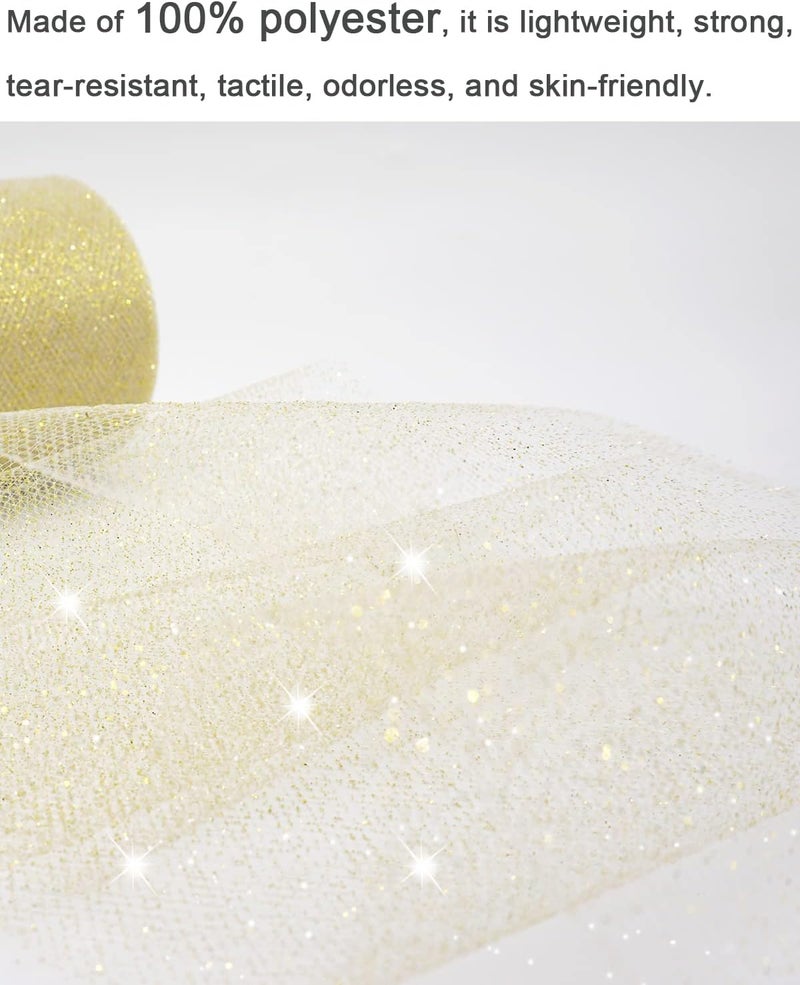 Ableme Deco Glitter Gold Tulle Fabric Rolls, 6 Inch 50 Yards (150ft) Sparkling Spool Ribbon Sequin Netting for Tutu Skirt Gift Wrapping Wedding Party Decoration (White/Gold) - Image 5